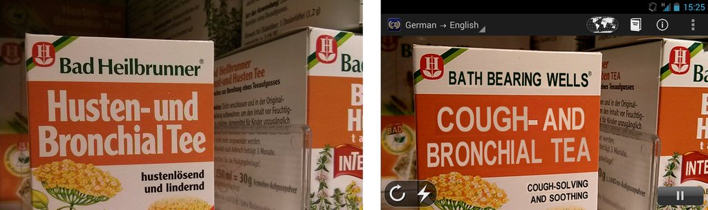 left: real world, right: same scene through Word Lens