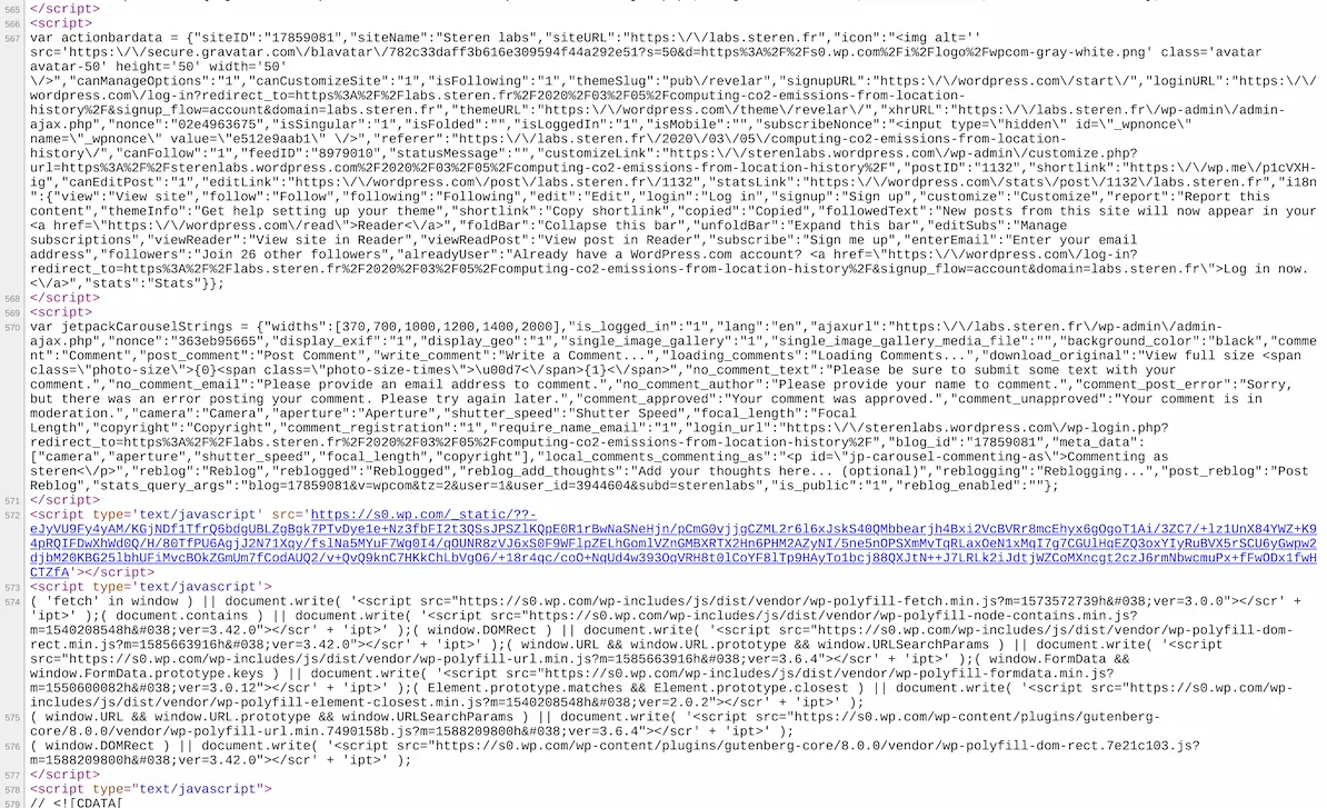 Sources of my Wordpress.com blog, showing a lot of inlined unreadable scripts
